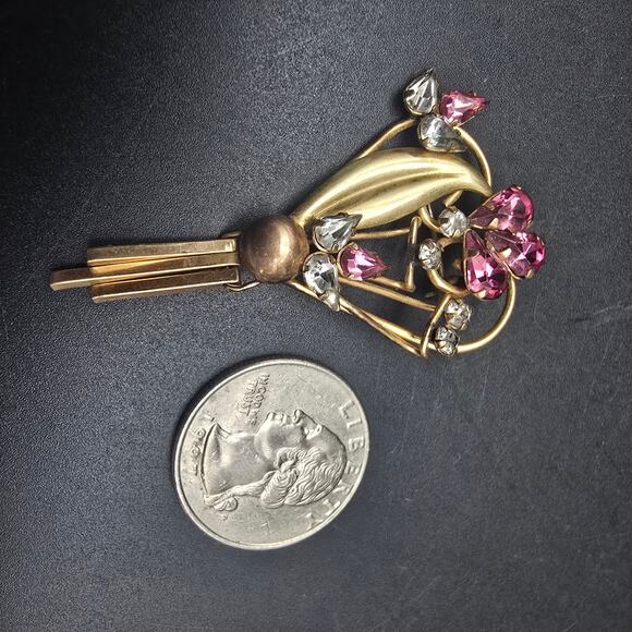 Star Art 12K Gold Filled Brooch Pink Rhinestone Floral Bouquet - Picture 7 of 7